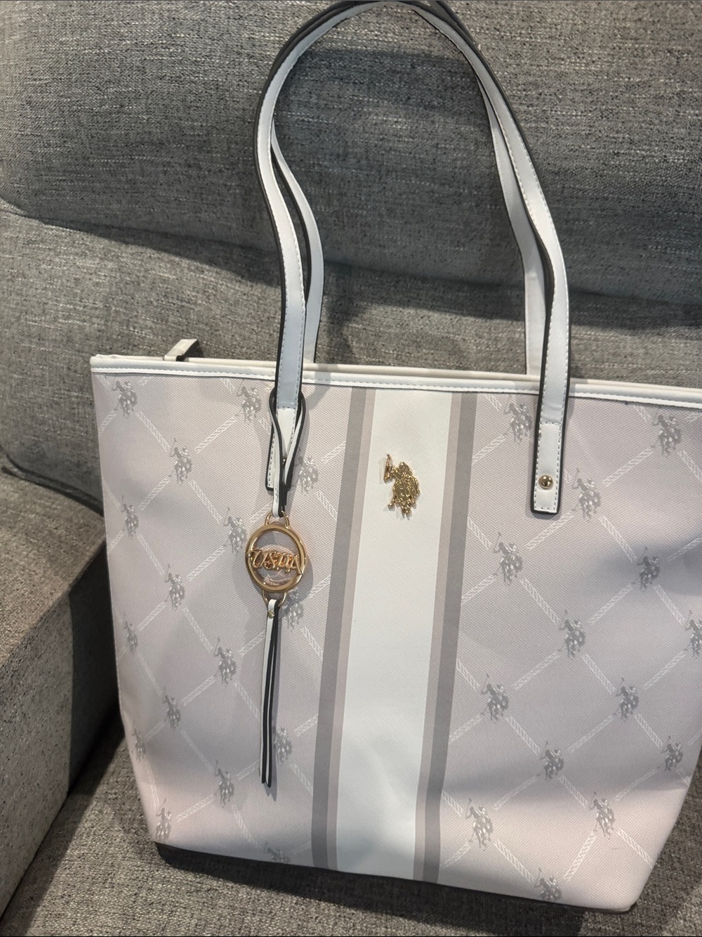 U.S. Polo Assn. White and Light Gray Striped Logo Tote Bag Purse 13x18